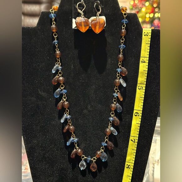 Fashion blue & brown beaded necklace & earring set - Picture 2 of 2